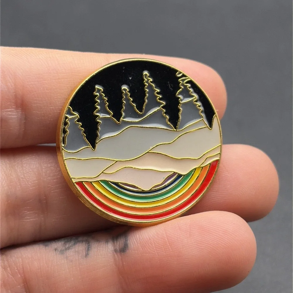 Cartoon Rainbow Upside Down Nighttime Forest Trees Snow Mountains Lapel Hat Pin‎